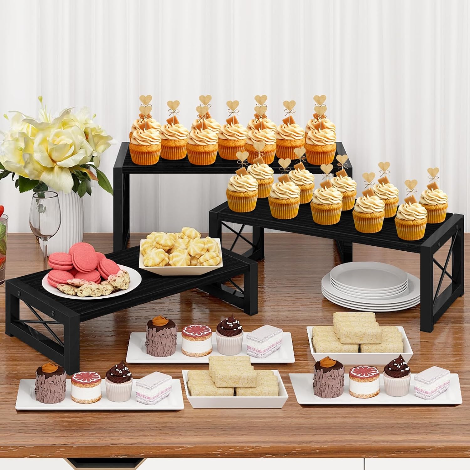 ELITEROO Black 3-Tier Wooden Cupcake and Dessert Display Stand, Multi-Tier Riser for Cupcakes, Food, Perfume, Makeup