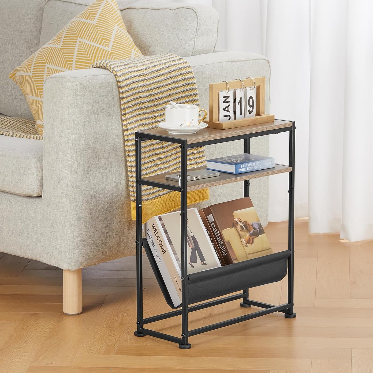 Narrow End Table for Small Spaces - Slim Side Table with Magazine Holder,2 in 1 Design Narrow Coffee Table Living