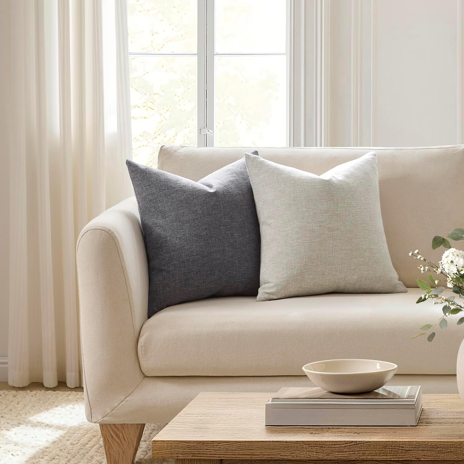 Modern Farmhouse Linen Blend Decorative Pillow Covers / Charcoal Gray / 18 x 18 / Set of 2