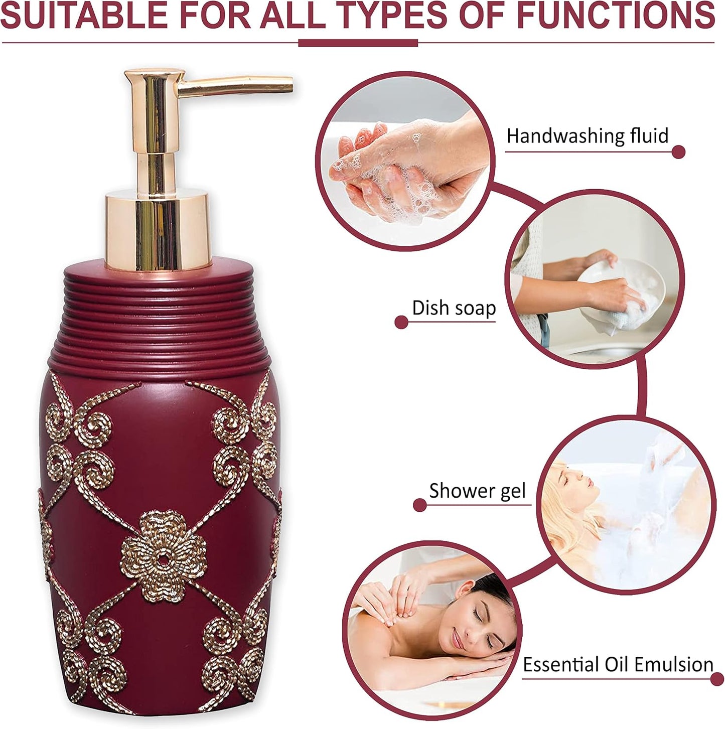 Zahari Home 4pc Elegant Rose Burgundy Bathroom Set Classic Bathroom Lotion Dispenser, Tumbler, Toothbrush Case and Bar