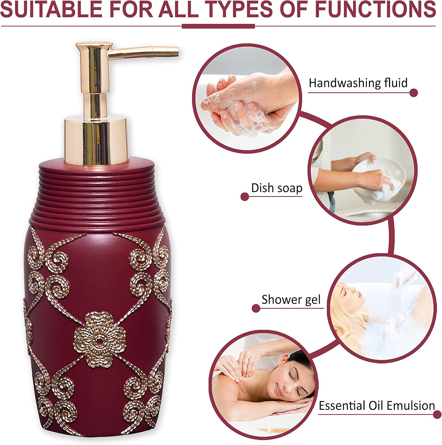 Zahari Home 4pc Elegant Rose Burgundy Bathroom Set Classic Bathroom Lotion Dispenser, Tumbler, Toothbrush Case and Bar