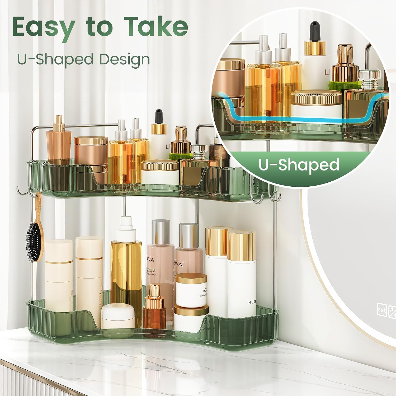 Corner Counter Organizer, 2-Tier Bathroom & Kitchen Storage Tray | PET Green Vanity Organizer Storage Countertop with