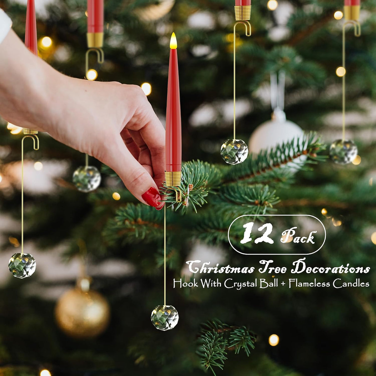 JOIONE Red Christmas Tree Candles, 12 Pcs Crystal Ball Tree Hanging Decor | Battery Operated, Remote Control, Crystal