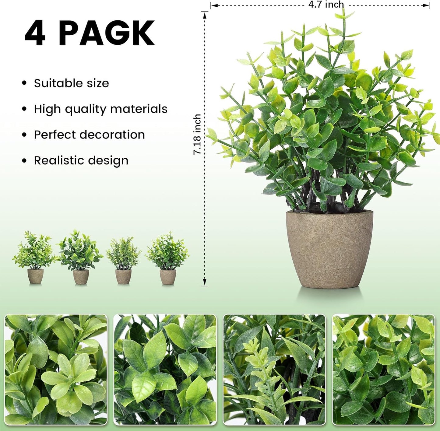 Fake Plants Ceramic Mini Artificial Greenery Potted Plants / Grey / Set of 4