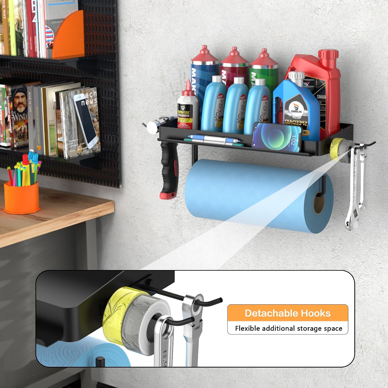 SUNTECH Garage Paper Towel Holder with Shelf, Wall-Mount (Black) | Fits 12 in Rolls, One-Hand Tear Design, Sturdy Iron