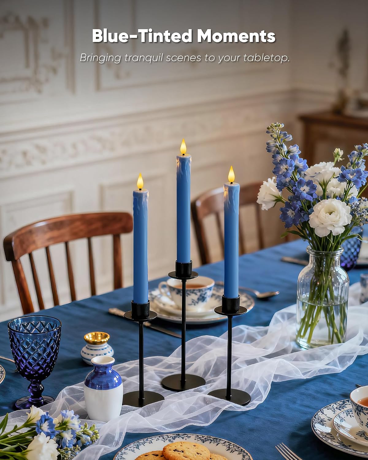 Homemory 6 Pcs Real Wax Blue Flameless Taper Candles with Remote Timer, 9.6 Inches LED Fake Candlesticks, LED Candle