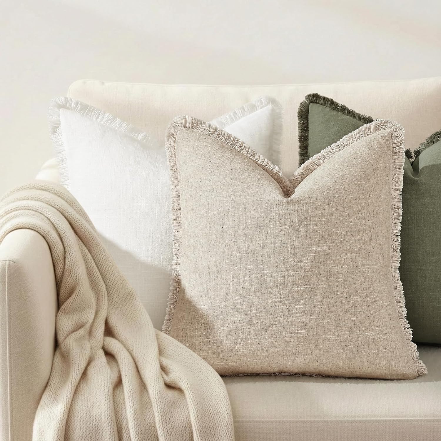 Summer Decorative Neutral Linen Fringe Throw Pillow Covers / Natural Beige / 18 x 18 / Set of 2