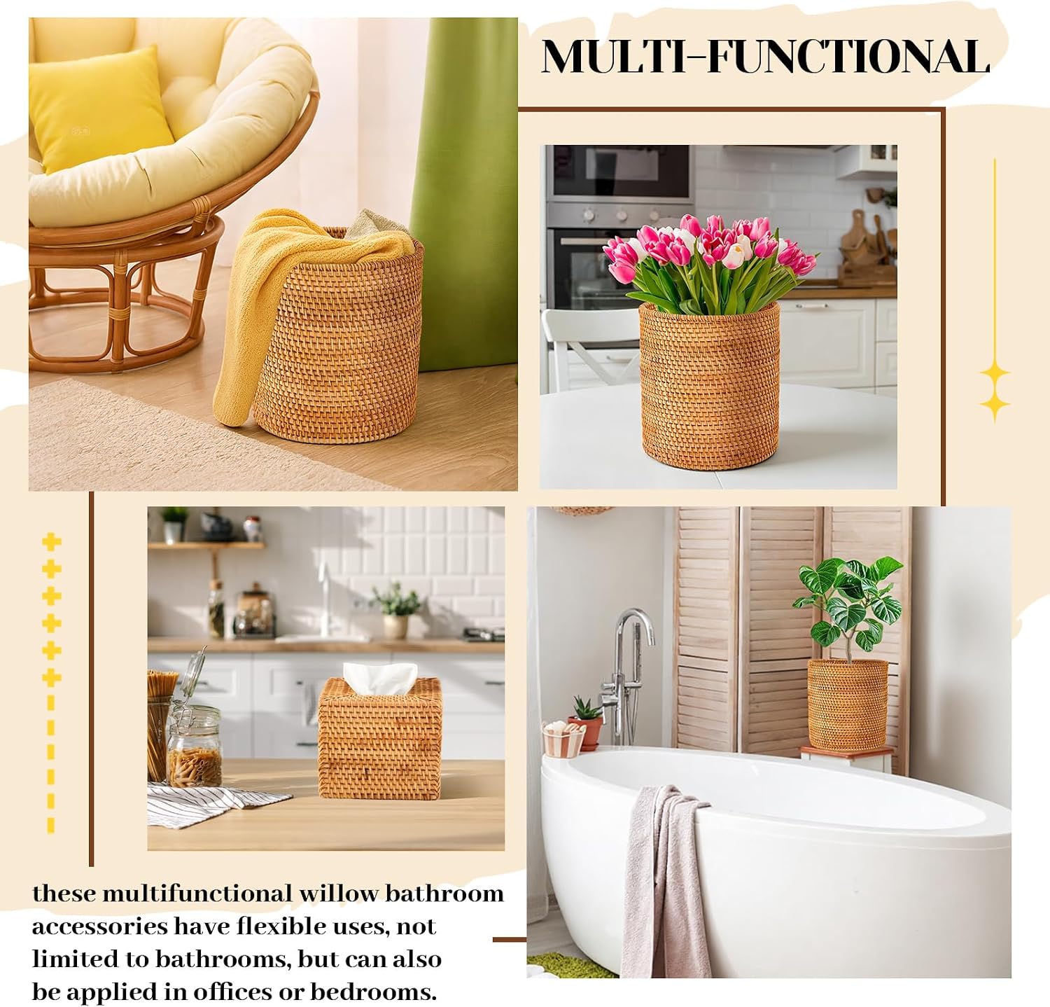 Rattan Hand Woven Basket Set Wicker Bathroom / Log Color / Set of 2