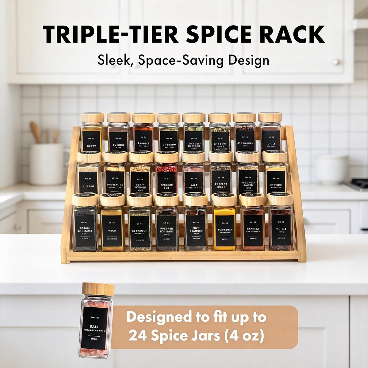 Bamboo Spice Rack - 3 Tier Spices Rack Kitchen Cabinet Organizer for Kitchen, Countertop Seasoning Storage Organizer