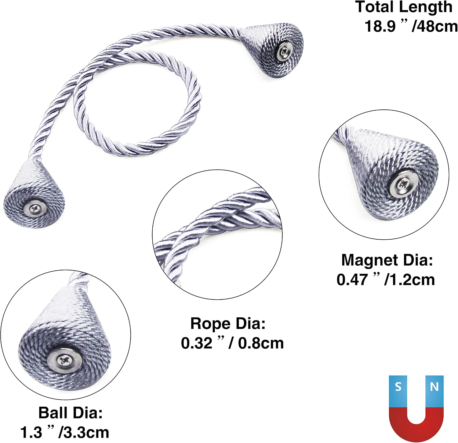 Magnetic Curtain Tiebacks Rope Decorative Holdbacks for Drapes Nieffeiy | 6 Pack Grey Modern Handmade Curtain Tie Backs
