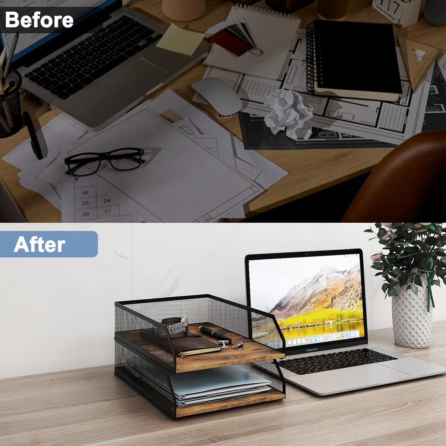 Natwind 2-Tier Stackable Metal Mesh Paper Organizer with Sliding Tray,Retro | Wooden Desk Organizer, Letter Tray For