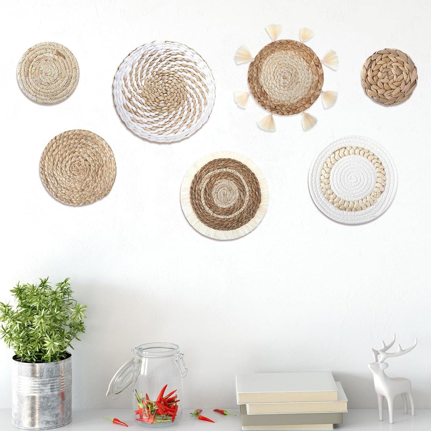 Boho Wall Baskets Decor Hanging Rustic Rattan Wicker Wall Basket for Farmhouse Living / Set of 7