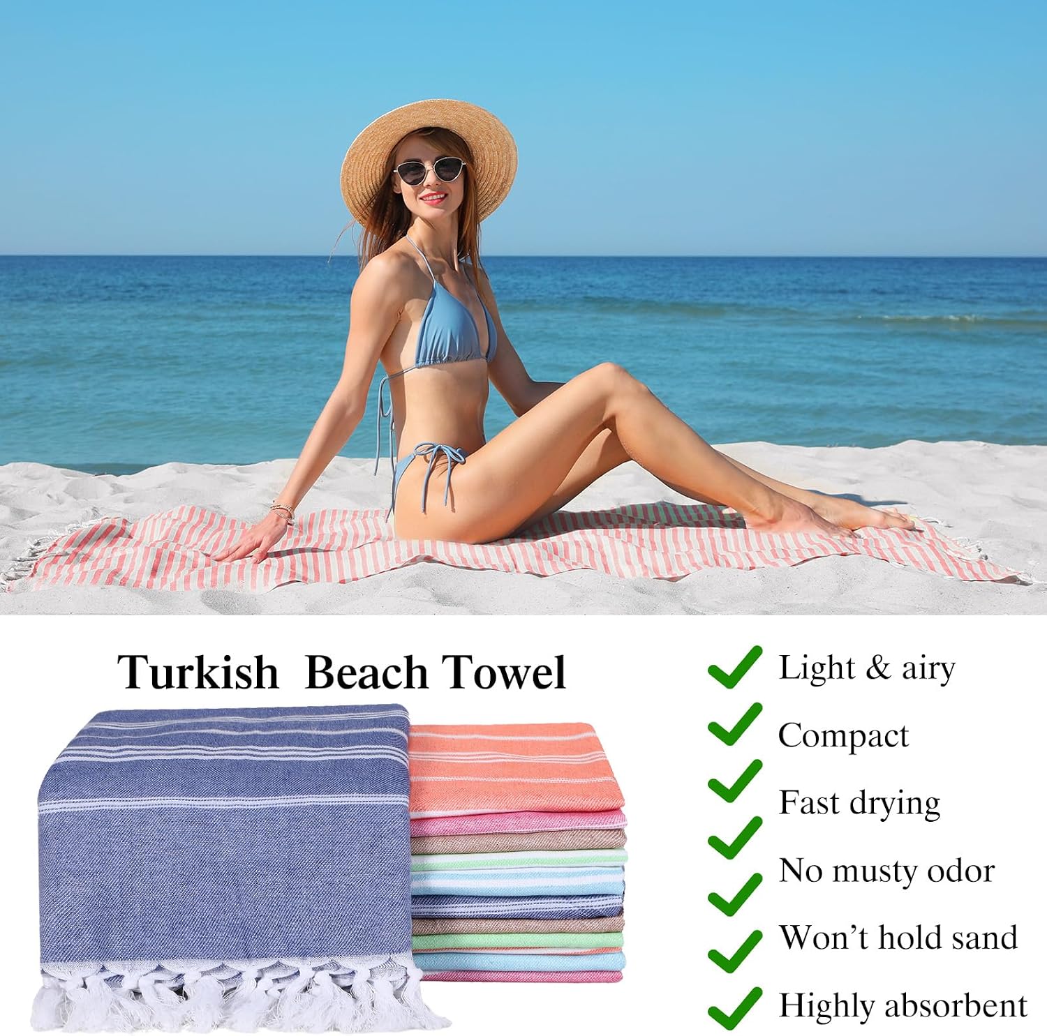 Moukeren 12 Pcs Turkish Beach Towels, Oversized Cotton Bath Towels Lightweight Quick Dry 35 x 71 Inches Turkish Blanket