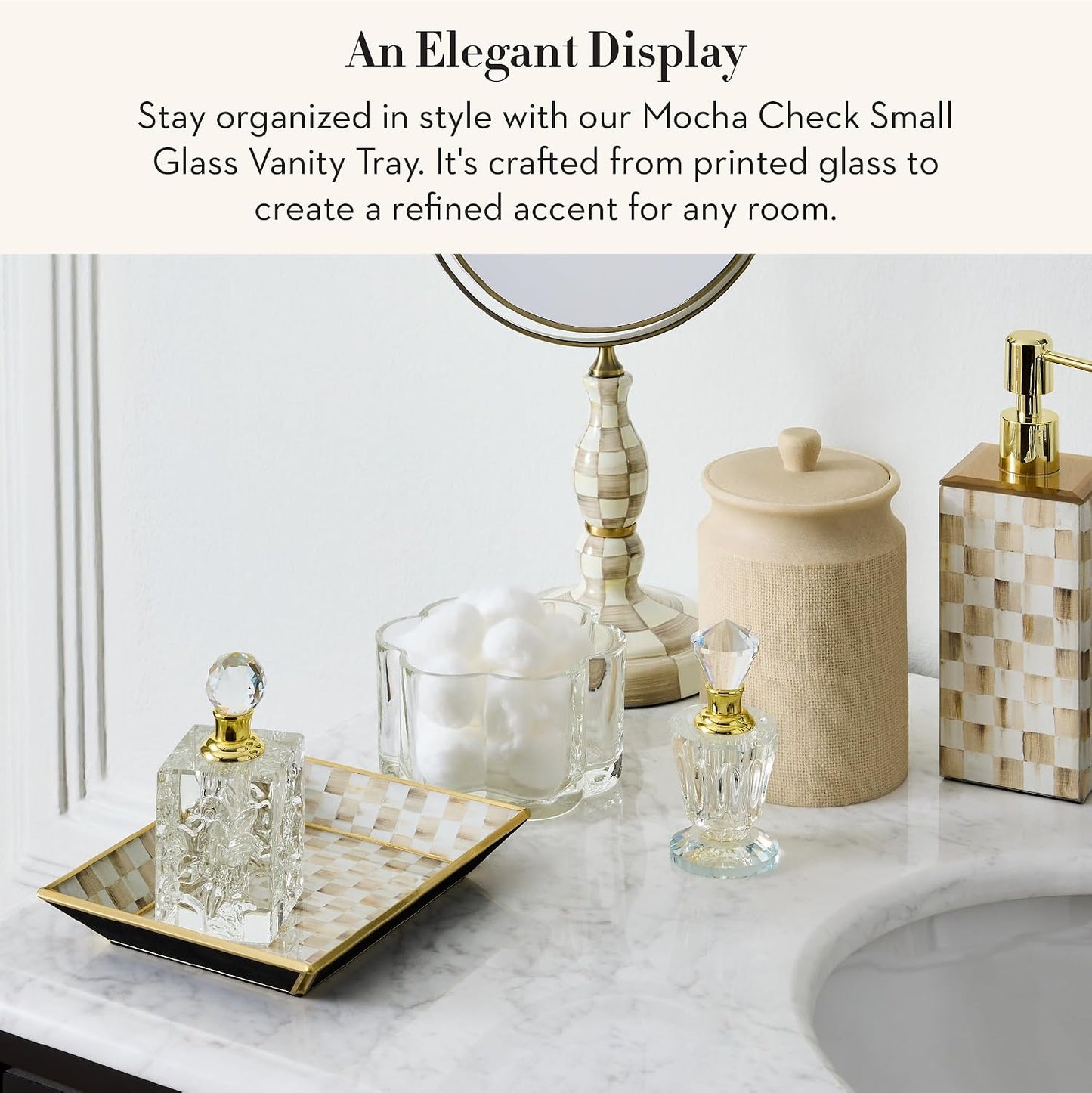 Glass Tray / Decorative Bathroom Counter Tray / Mocha Check / Brown