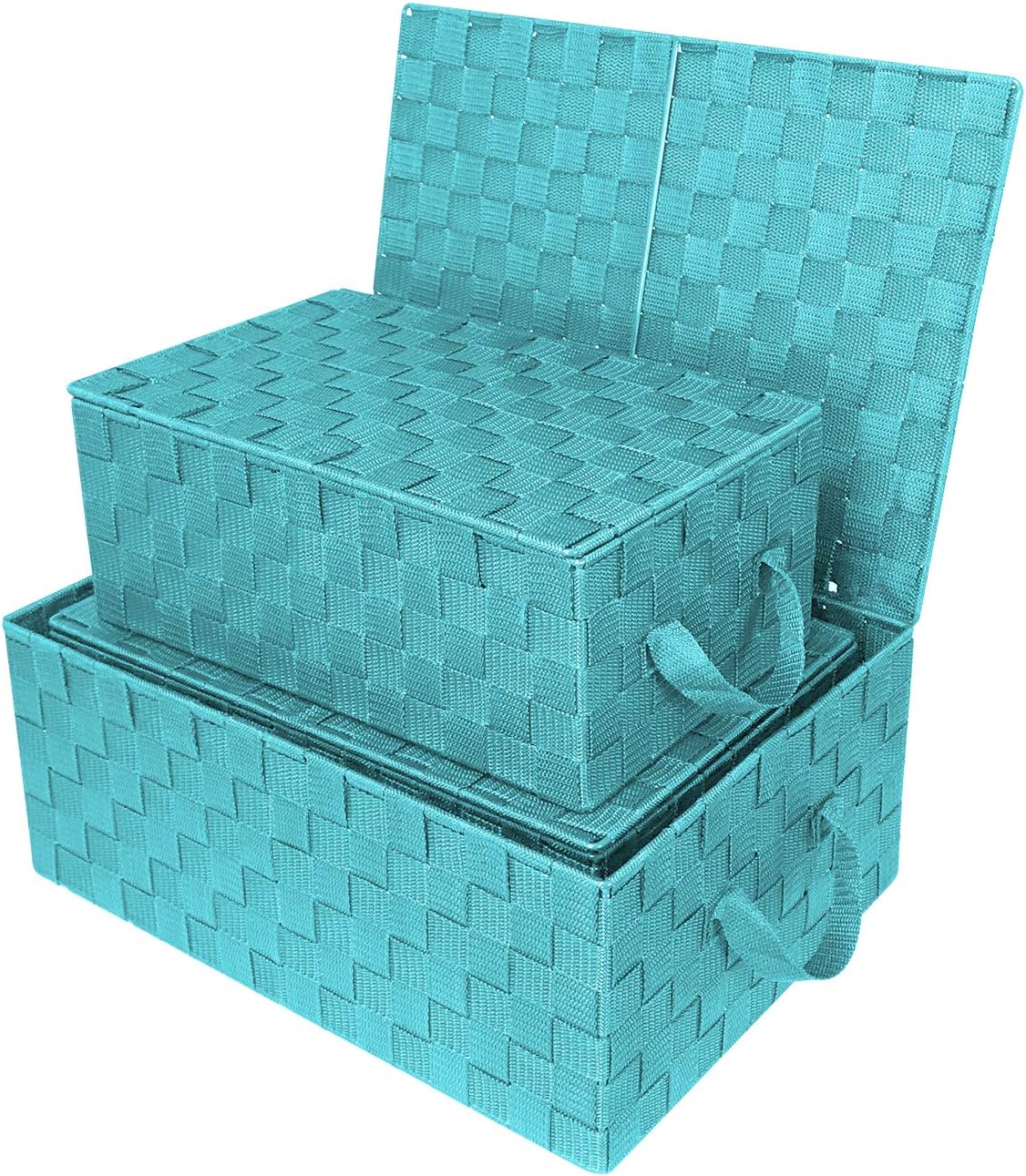Hand-Woven Storage Baskets / Woven Lid Baskets - Aqua / Set of 3