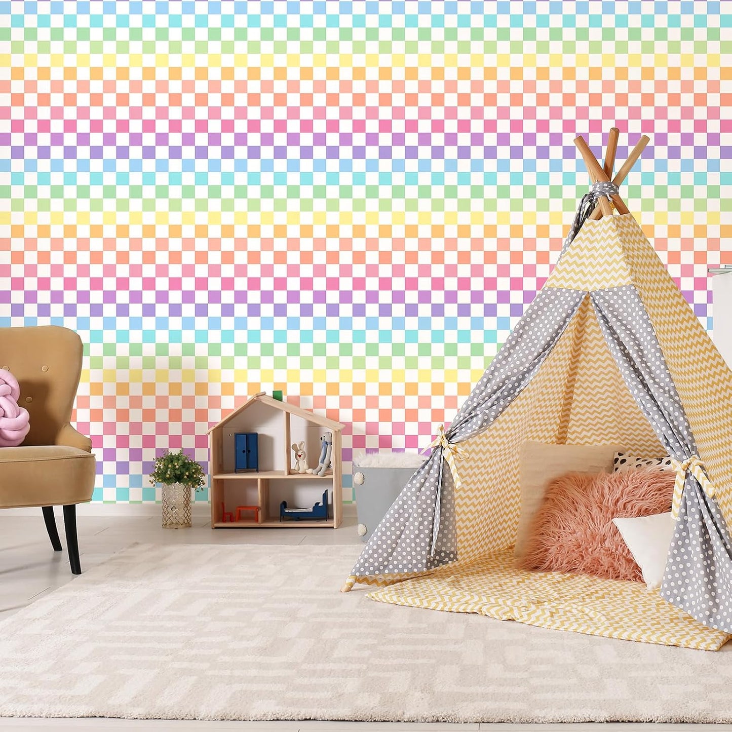 Wallpaper Colorful Waterproof Peel and Stick Contact Paper Vinyl / Rainbow / Checkered / 17.3 x 300