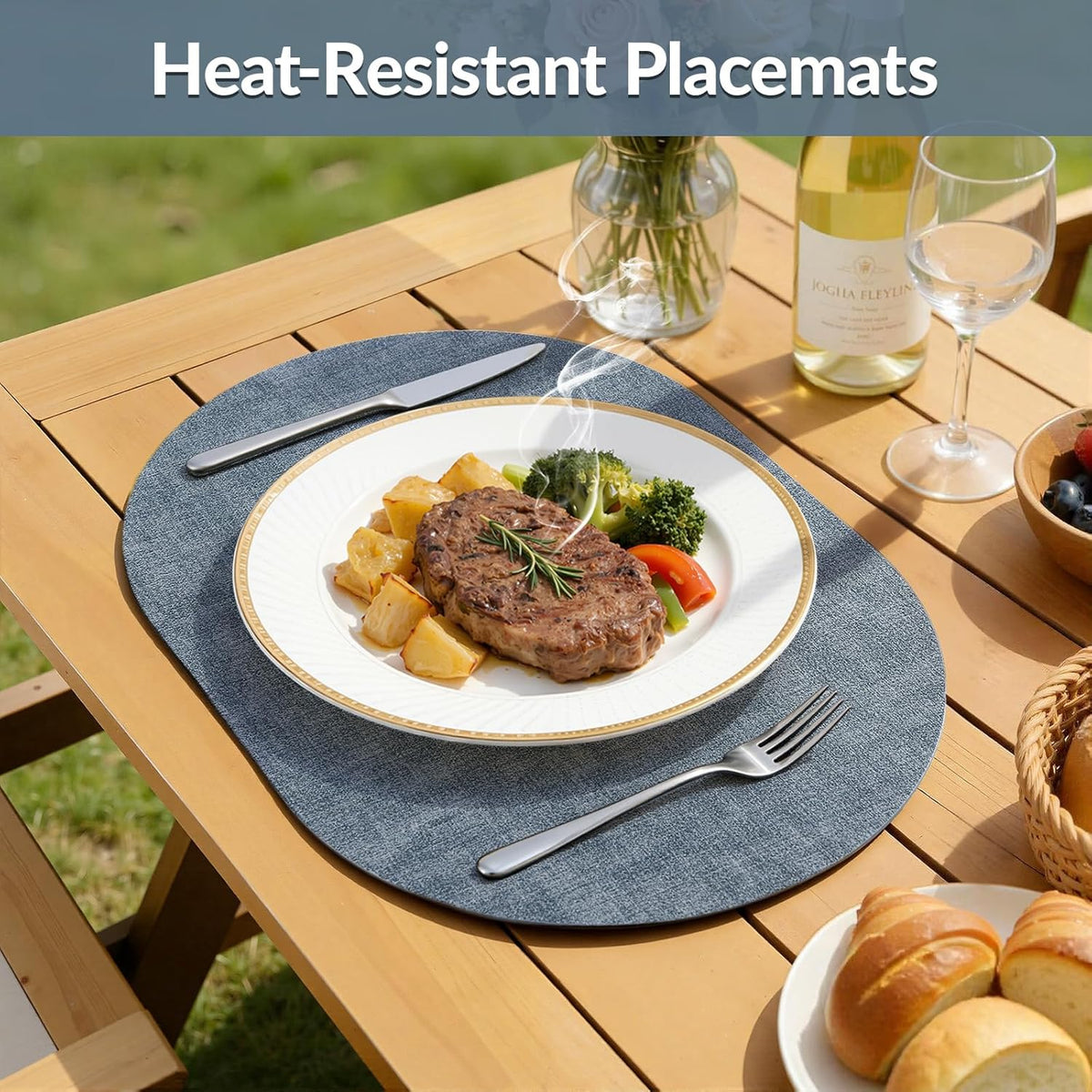 Placemats Set of 6, 11.8 x 17 Inch, Blue | Heat Resistant Oval Faux Leather Place Mats, Waterproof Wipeable Reversible