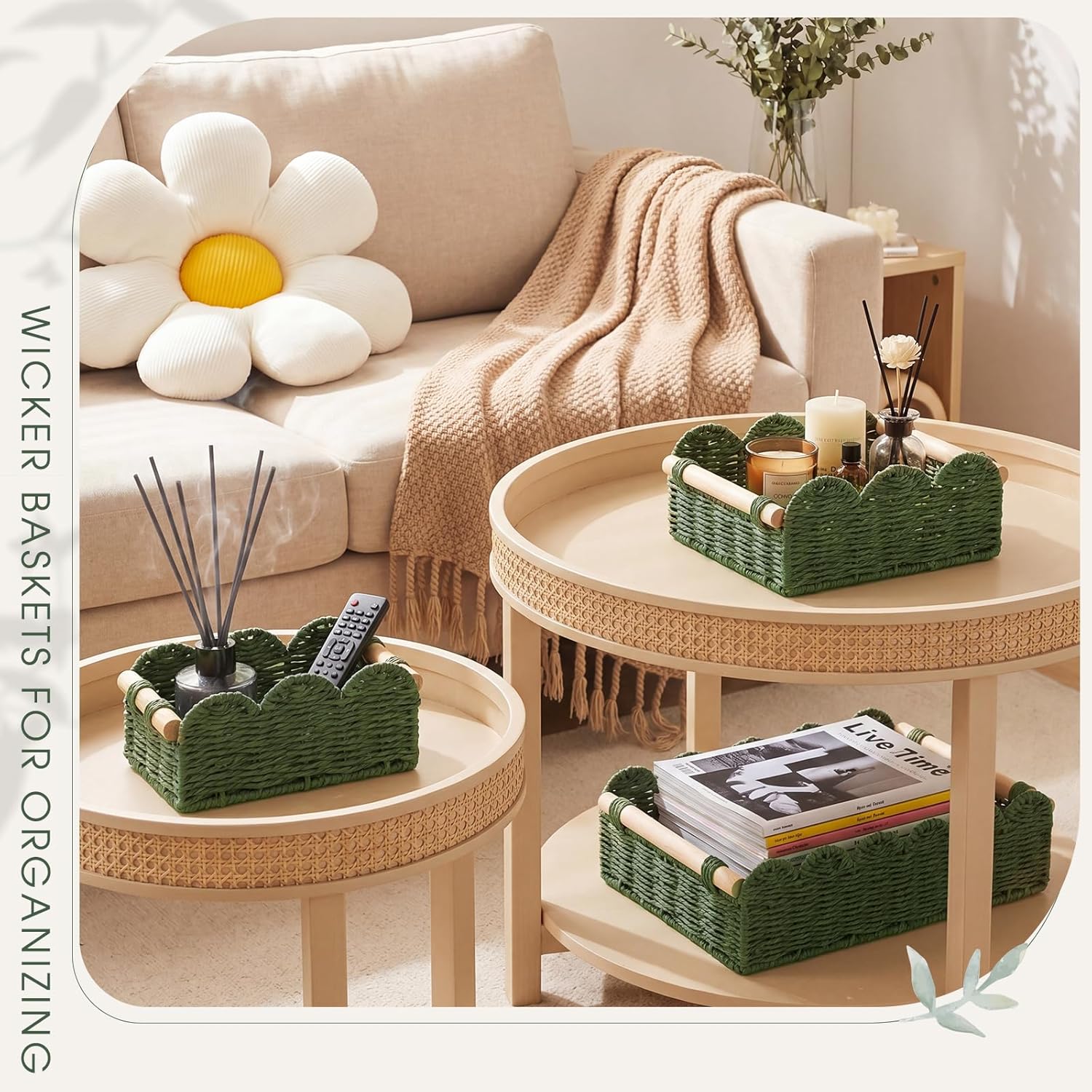 Wicker Baskets / Scalloped Edge Toilet Paper Basket / Sage Green / Set of 3