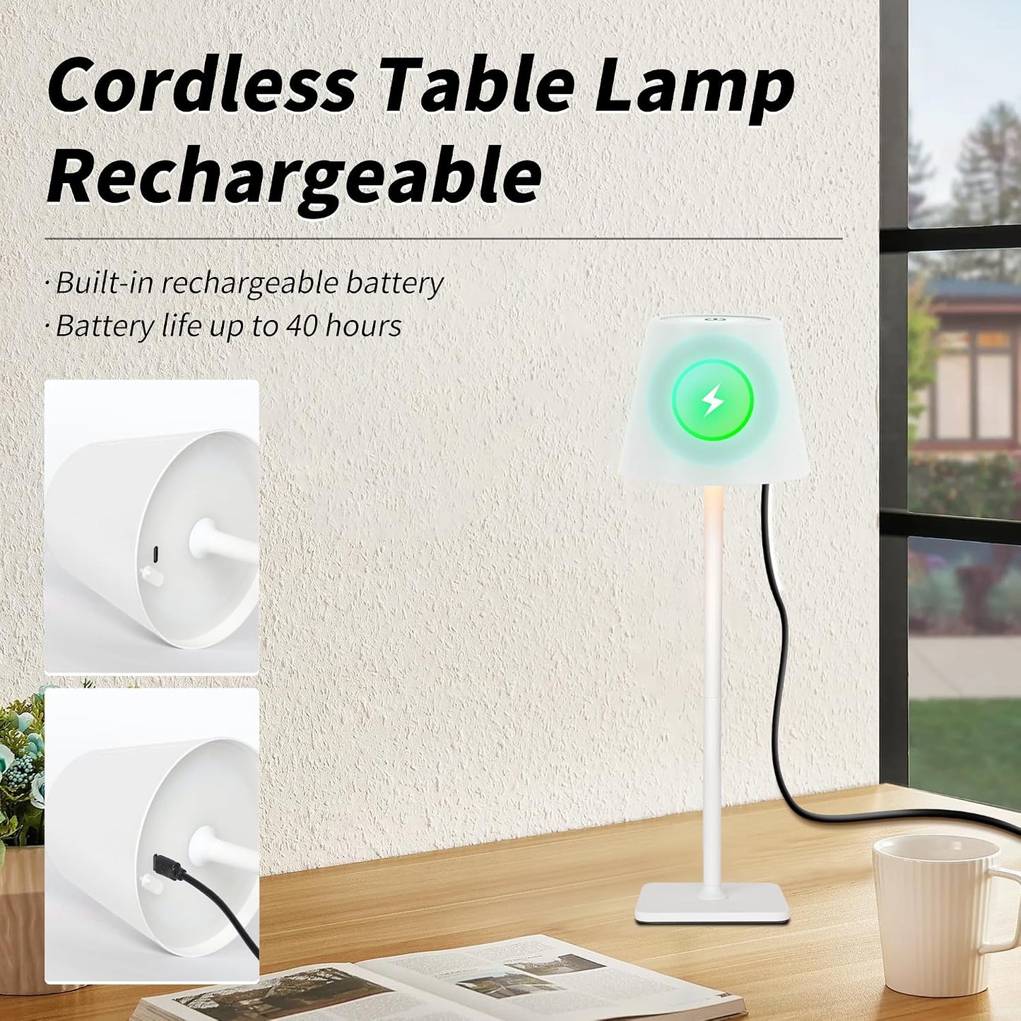 Mr. White Outdoor Waterproof Cordless Wireless Rechargeable Portable Top Touch Battery Operated Powered LED Table Lamp