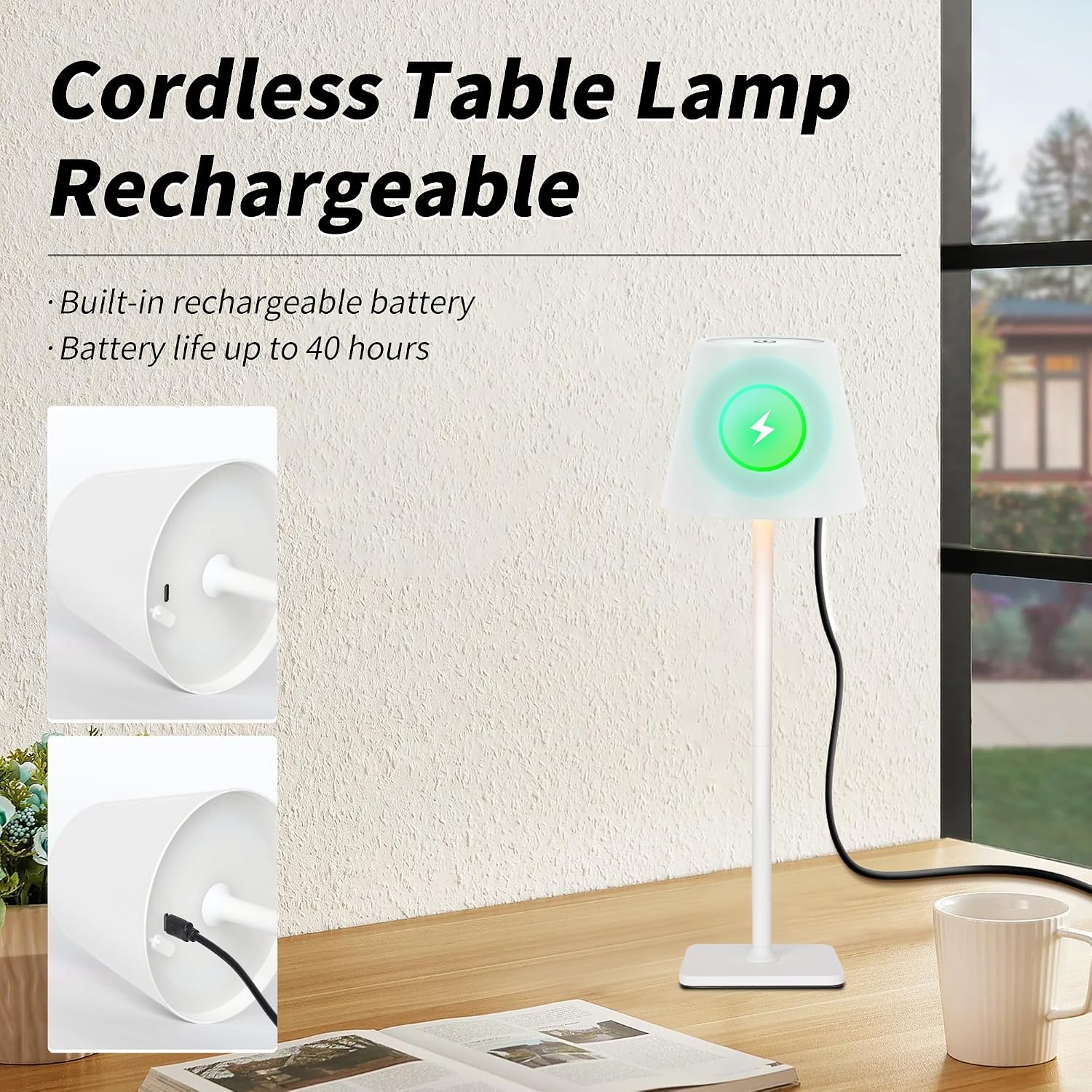 Mr. White Outdoor Waterproof Cordless Wireless Rechargeable Portable Top Touch Battery Operated Powered LED Table Lamp