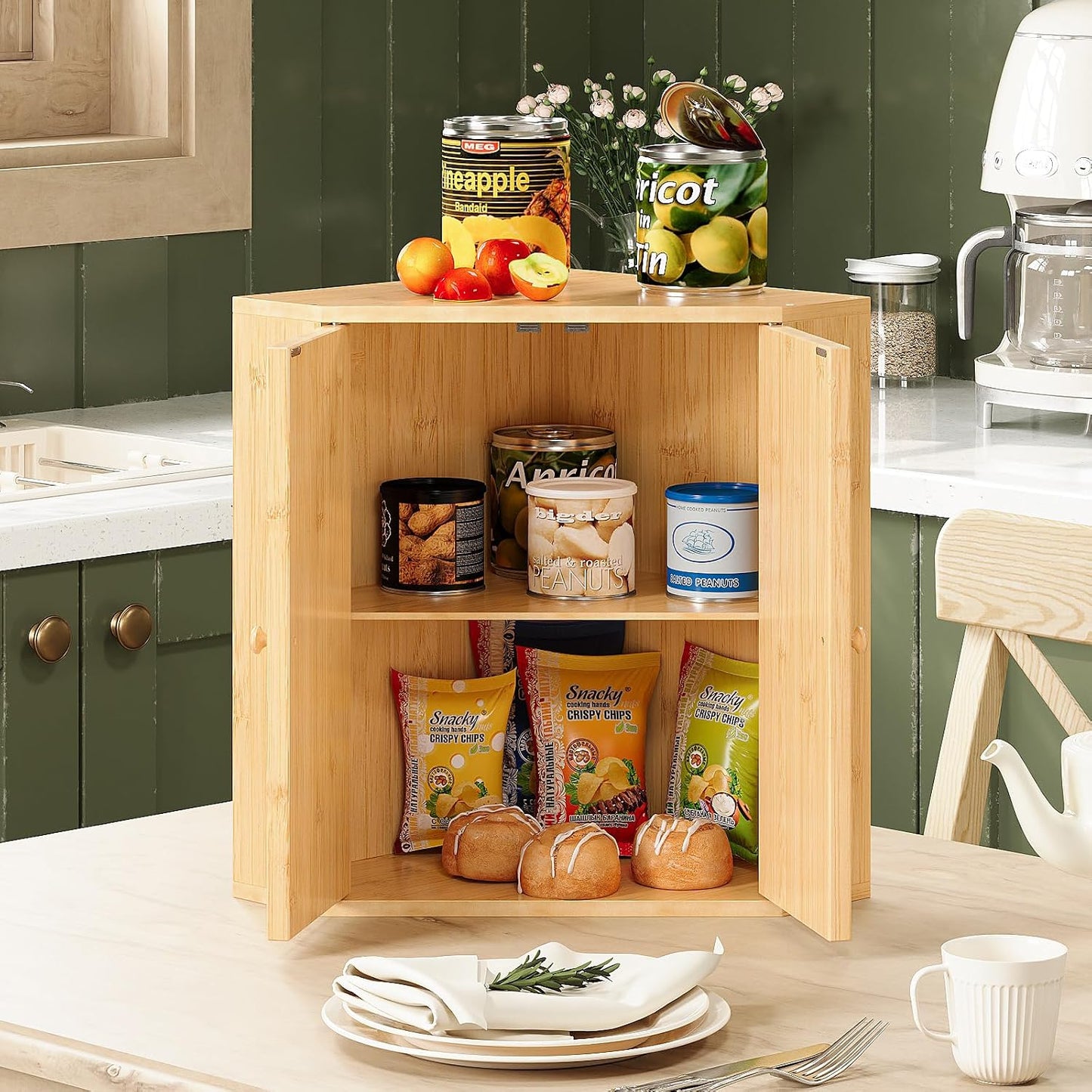 Trironsun Corner Bread Box for Kitchen Counter Double Layer Bamboo Bread Storage Container Large Capacity Bread Storage