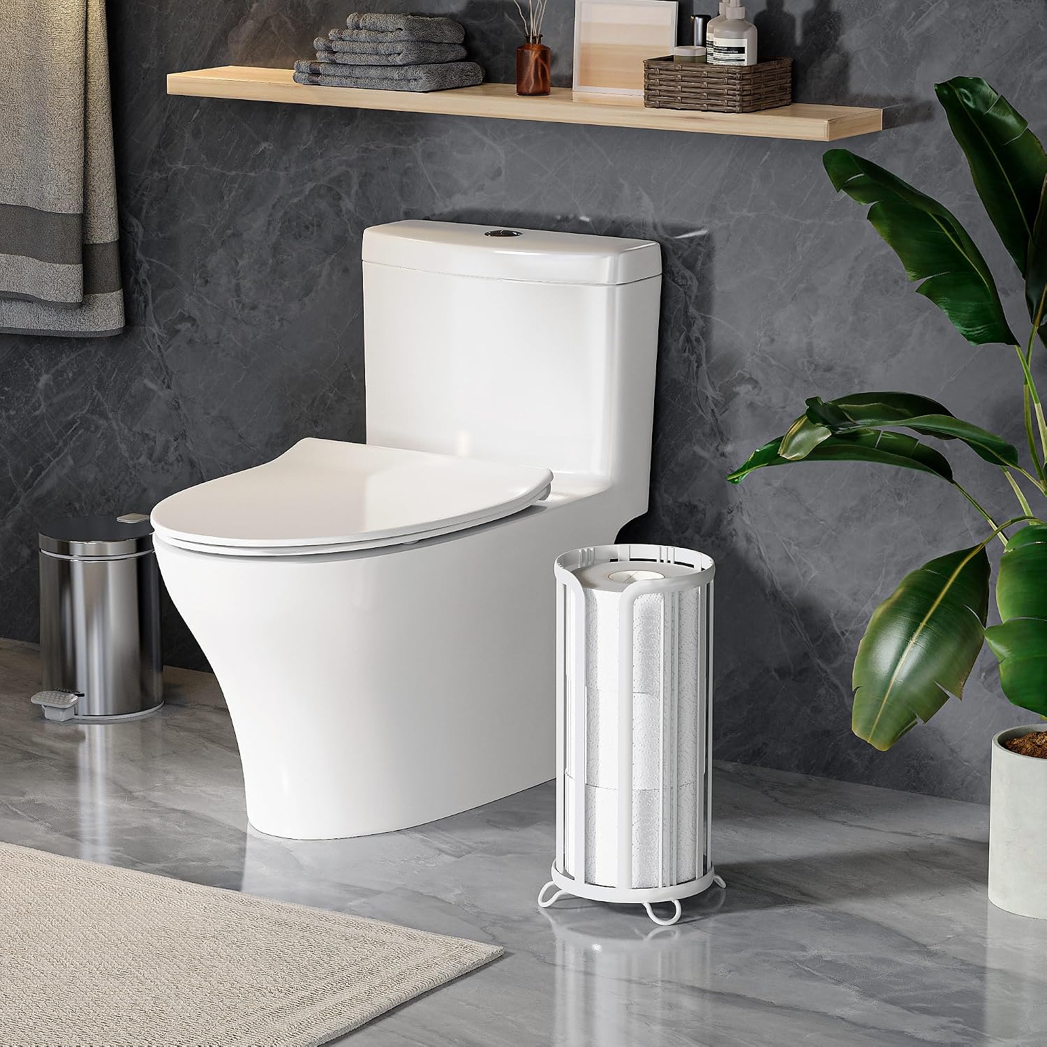 Toilet Paper Holder Stand, Freestanding Bathroom Tissue Organizer, Minimalistic Storage Solution, Reserve Mega