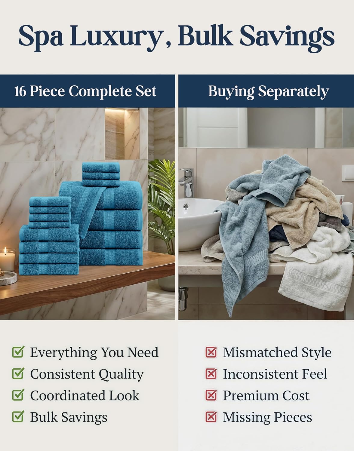 LANE LINEN Bath Towel Set 100% Cotton 16 Piece Soft Absorbent - Sea Port | Bath Towels Large Set -, Terry Weave