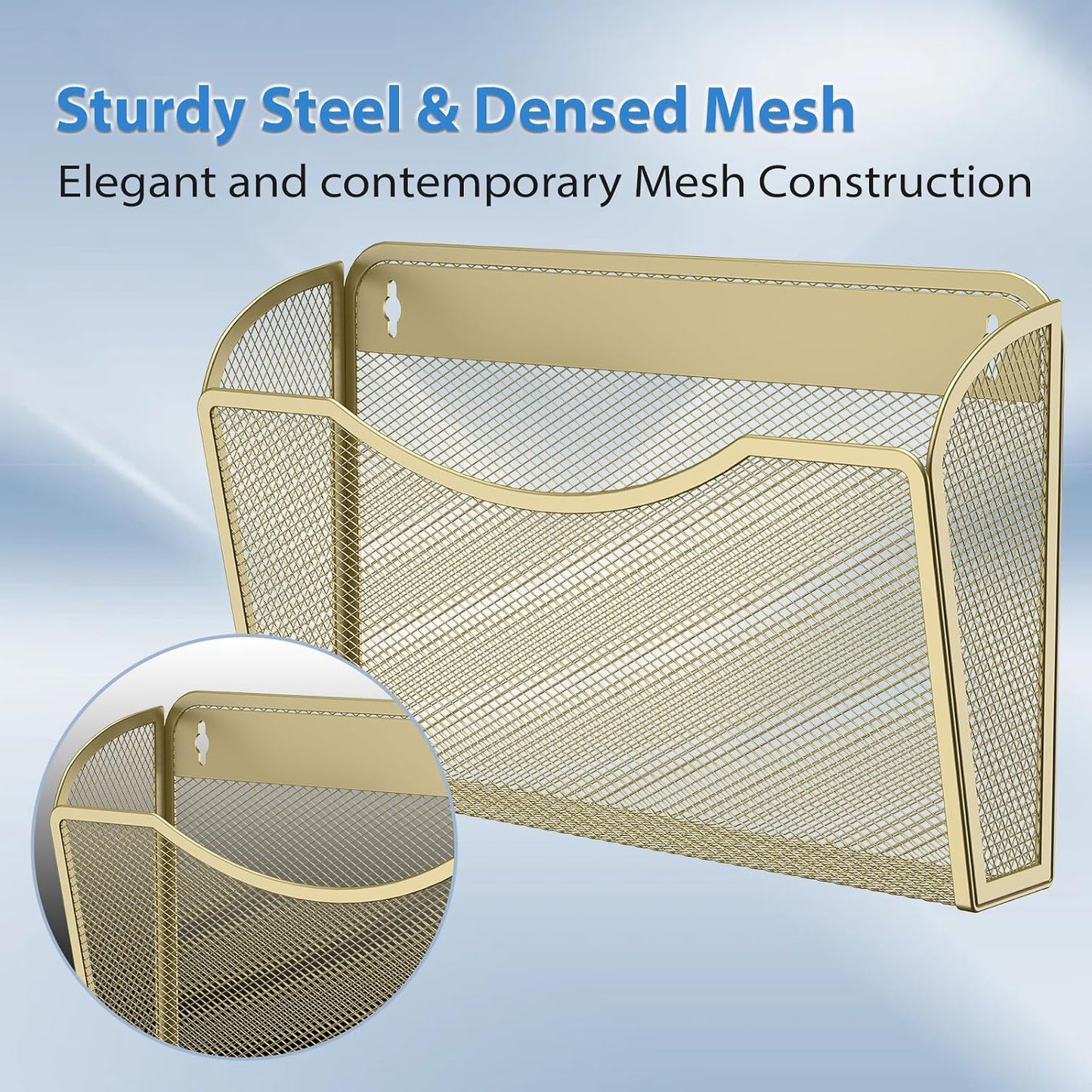 MINDEPOT Wall File Organizer, Hanging Wall File Holder, 3 Pack, Gold | Heavy Duty Iron, Metal Mesh Wall Mount, Single