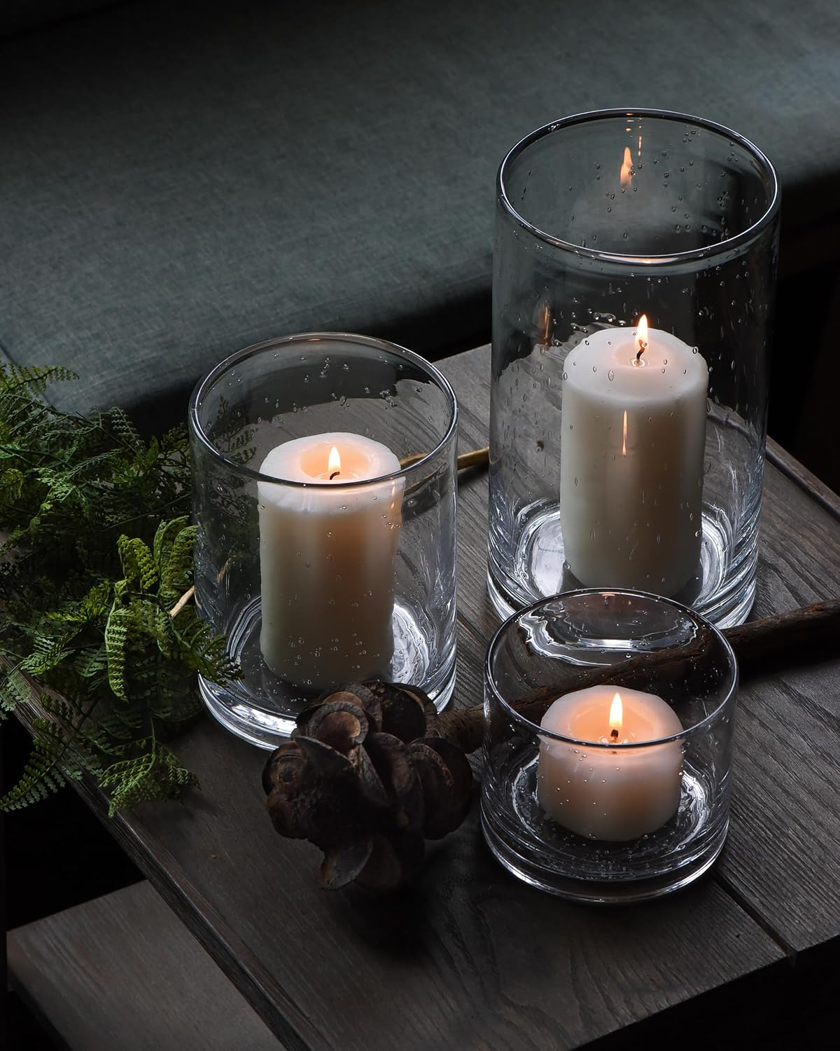 Hurricane Candle Holders Glass Cylinders Set of 3 (10" 7" 4") | Clear Seeded Bubbles, Cylinder Vases For Pillar