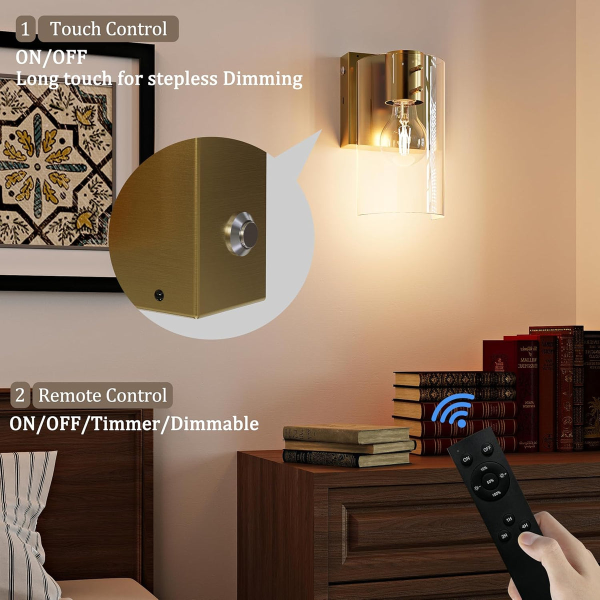 Gold Battery Operated Wireless Wall Sconces Set of Two, Warm Wall Lights | Dimmable Rechargeable Wall Sconce with