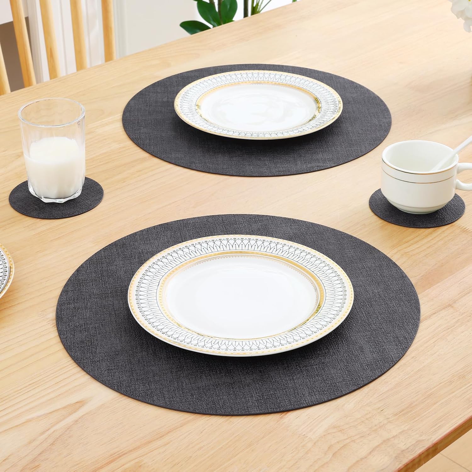 Homaxy Round Faux Leather Placemats and Coasters, Set of 8, Dark Grey | Washable Dual-side Table Mats, Wipeable Place