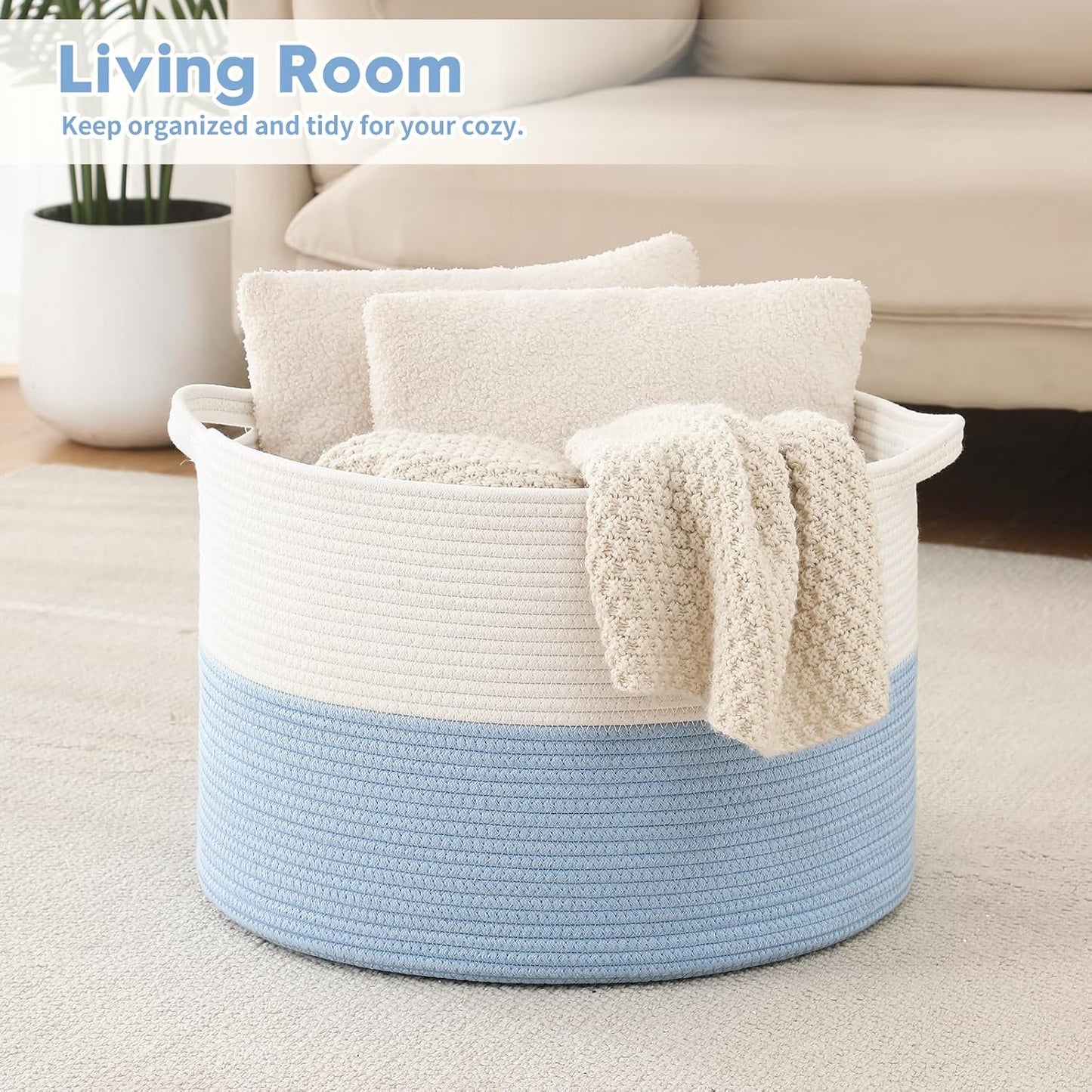 Collapsible Handle Cotton Rope Soft Woven Fabric Storage Organizer Clothes Toys / White & Blue / 65L