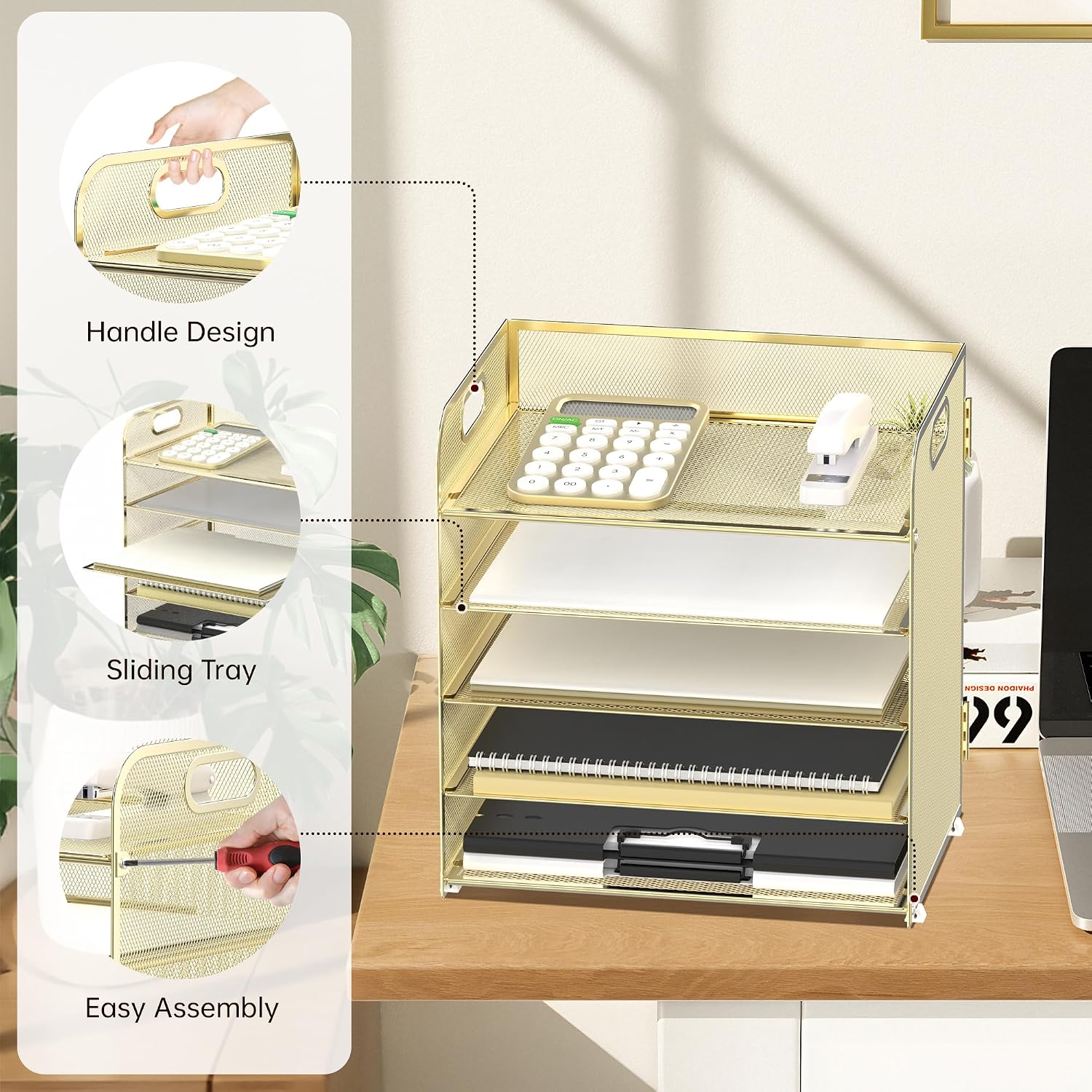 5 Trays Paper Organizer Letter Tray with Handle-Mesh Desk File Organizer, Paper Sorter Desk Organizer for Office, Home