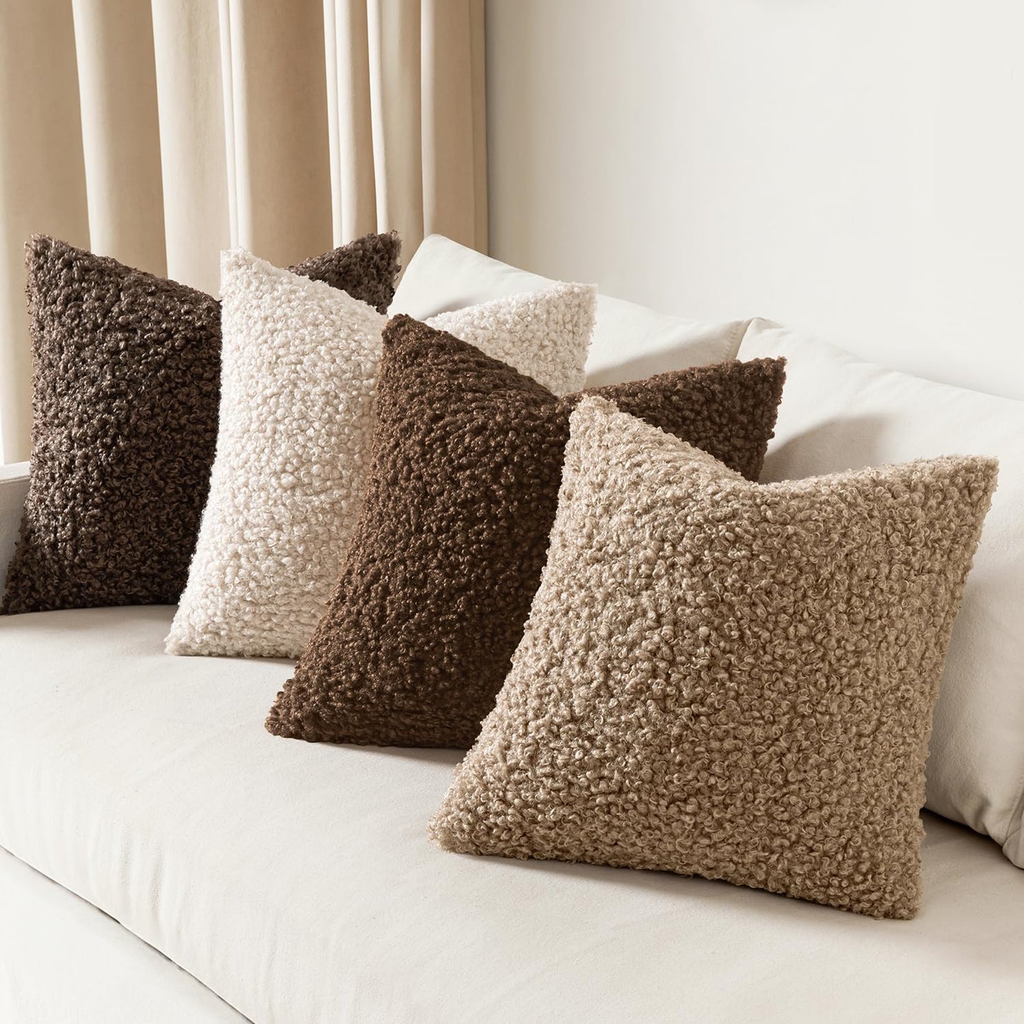 Faux Fur Throw Pillow Covers Boucle Neutral Decorative Sherpa Fuzzy / 18 x 18 / Chestnut / Set of 2