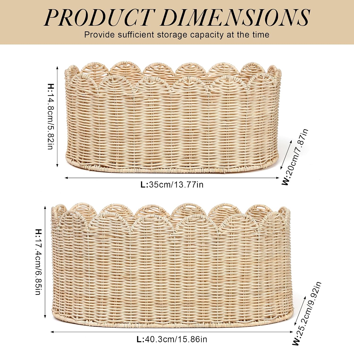Hand- Rattan Baskets / Natural / 16 x 10 x 7 / Set of 2