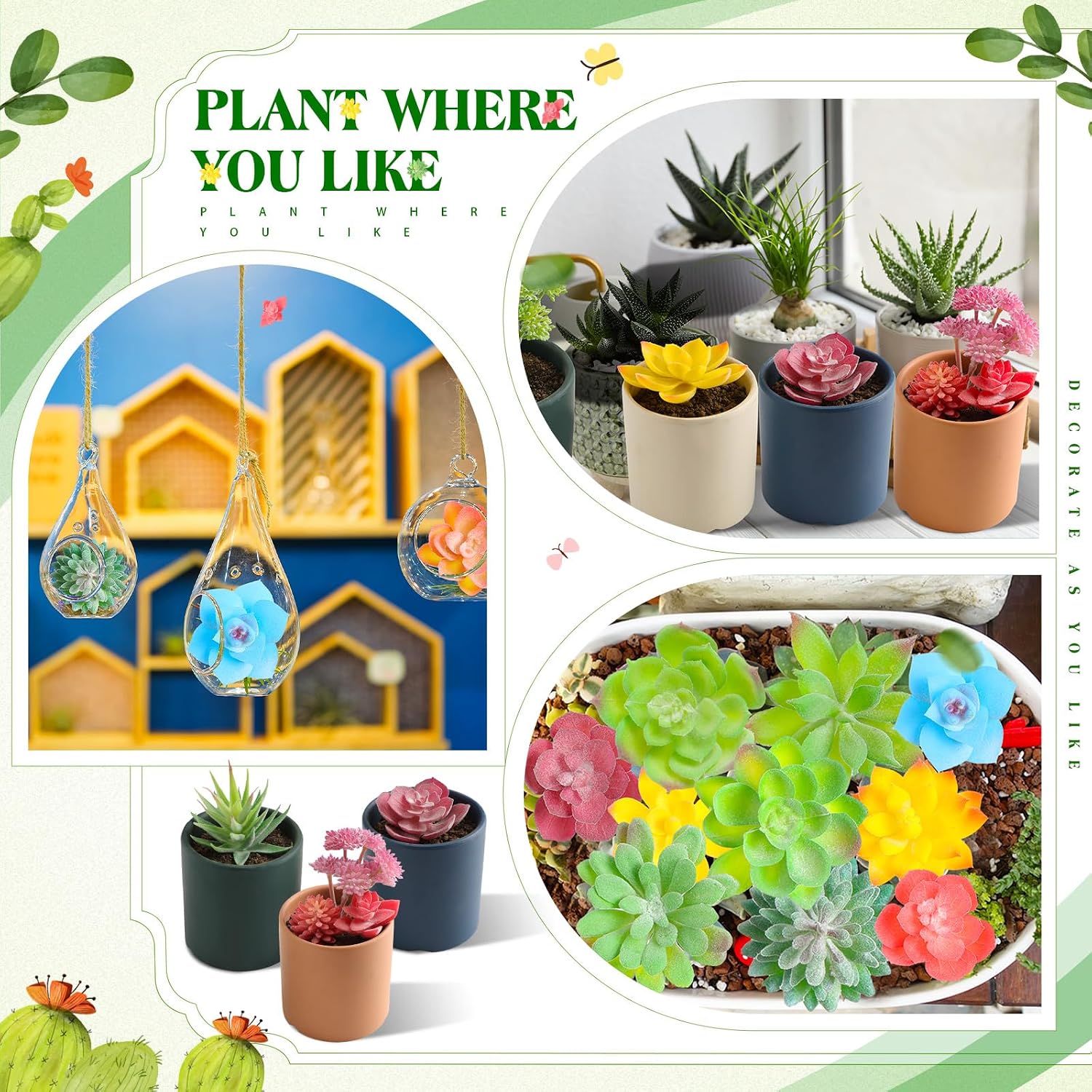 Mini Artificial Succulents Unpotted Realistic Colorful Faux Succulents Small Cactus / Set of 32