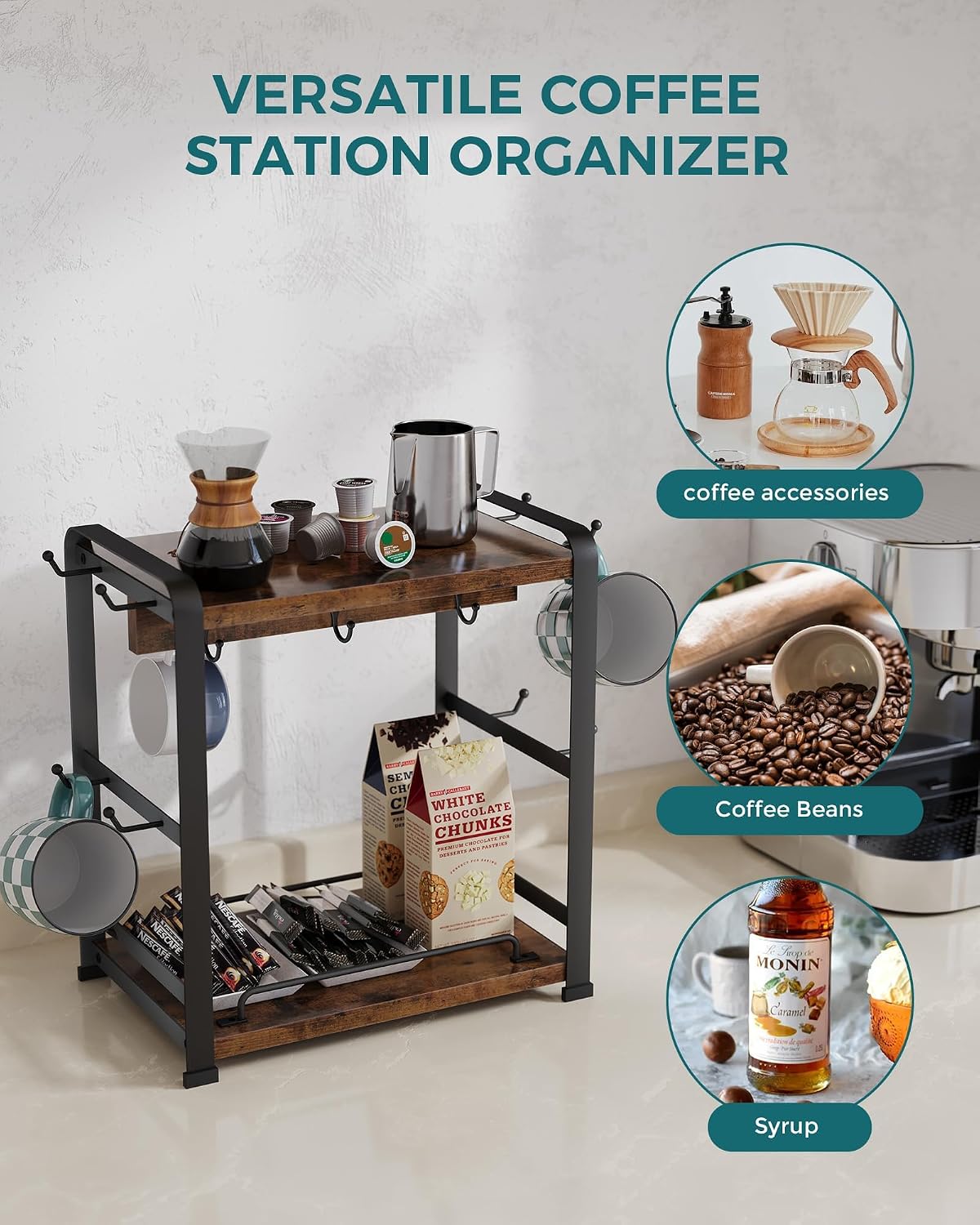 OROPY Coffee Mug Holder Countertop, Mug Rack 2 Tier Shelf & 14 Mug Hooks | Wooden Coffee Bar Station Organizer