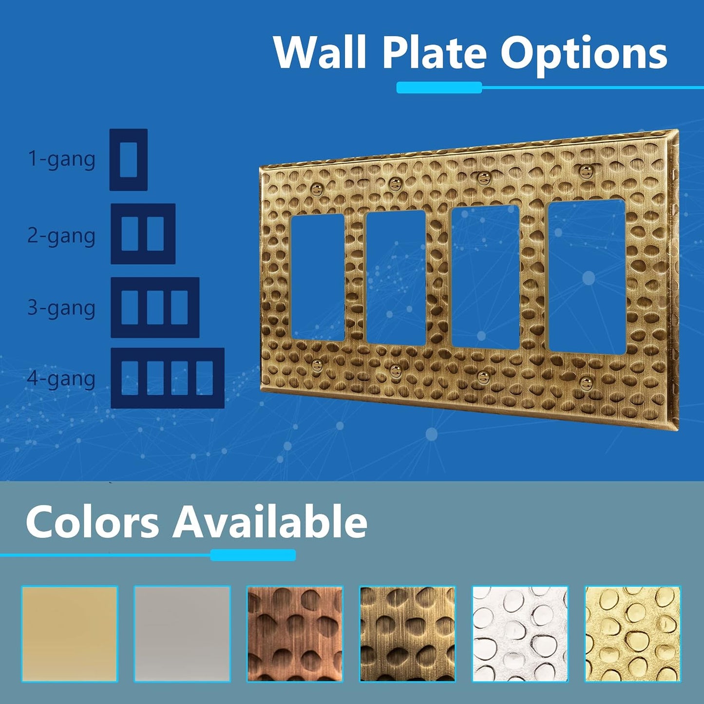 LIDER Decorator Switch or Receptacle Metal Wall Plate, Mid-Size 4-Gang | Corrosion Resistant, Outlet Cover, Hammered