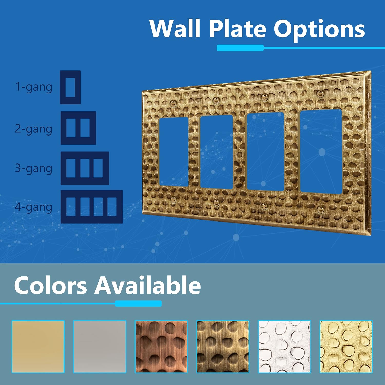 LIDER Decorator Switch or Receptacle Metal Wall Plate, Mid-Size 4-Gang | Corrosion Resistant, Outlet Cover, Hammered