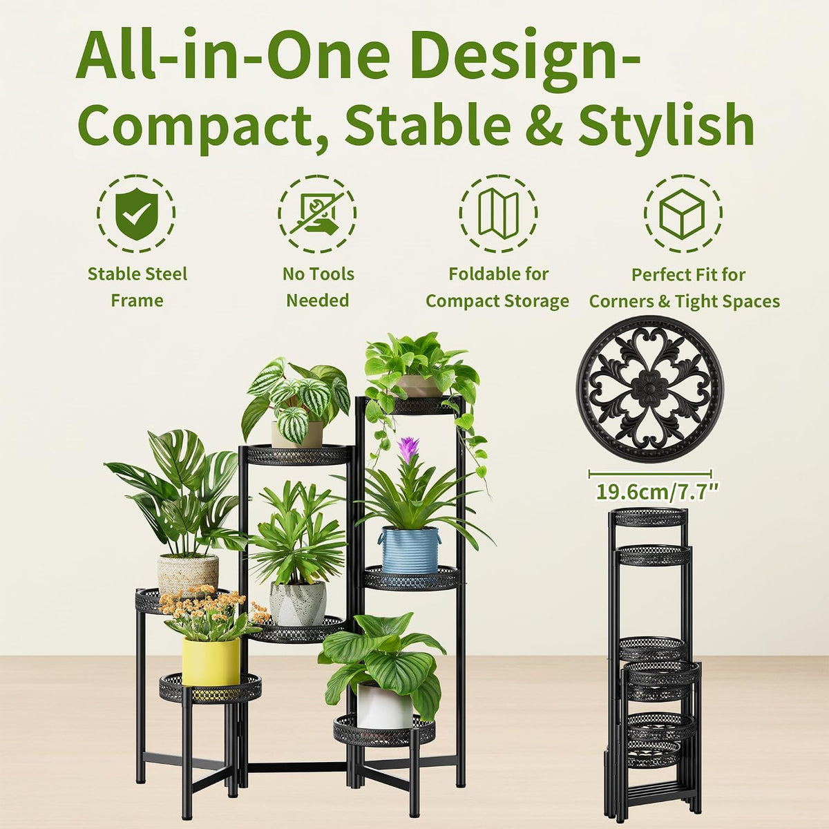 7 Tier Large Metal Plant Stand Indoor Outdoor with 7.9 Inch Wide Tray, Tiered Corner Plant Stand, Flower Display Holder