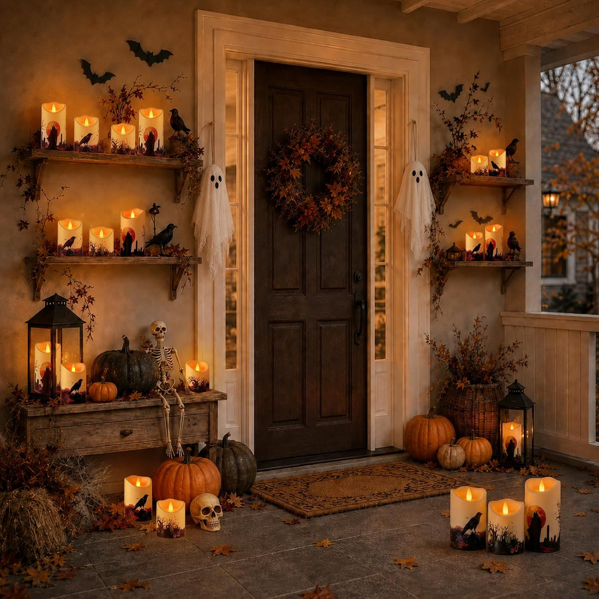 Halloween Flameless Candles Set of 6, Indoor Outdoor LED Pillars | 3"D X 4" 5" 6" H, Climbing flame, waterproof, 2x