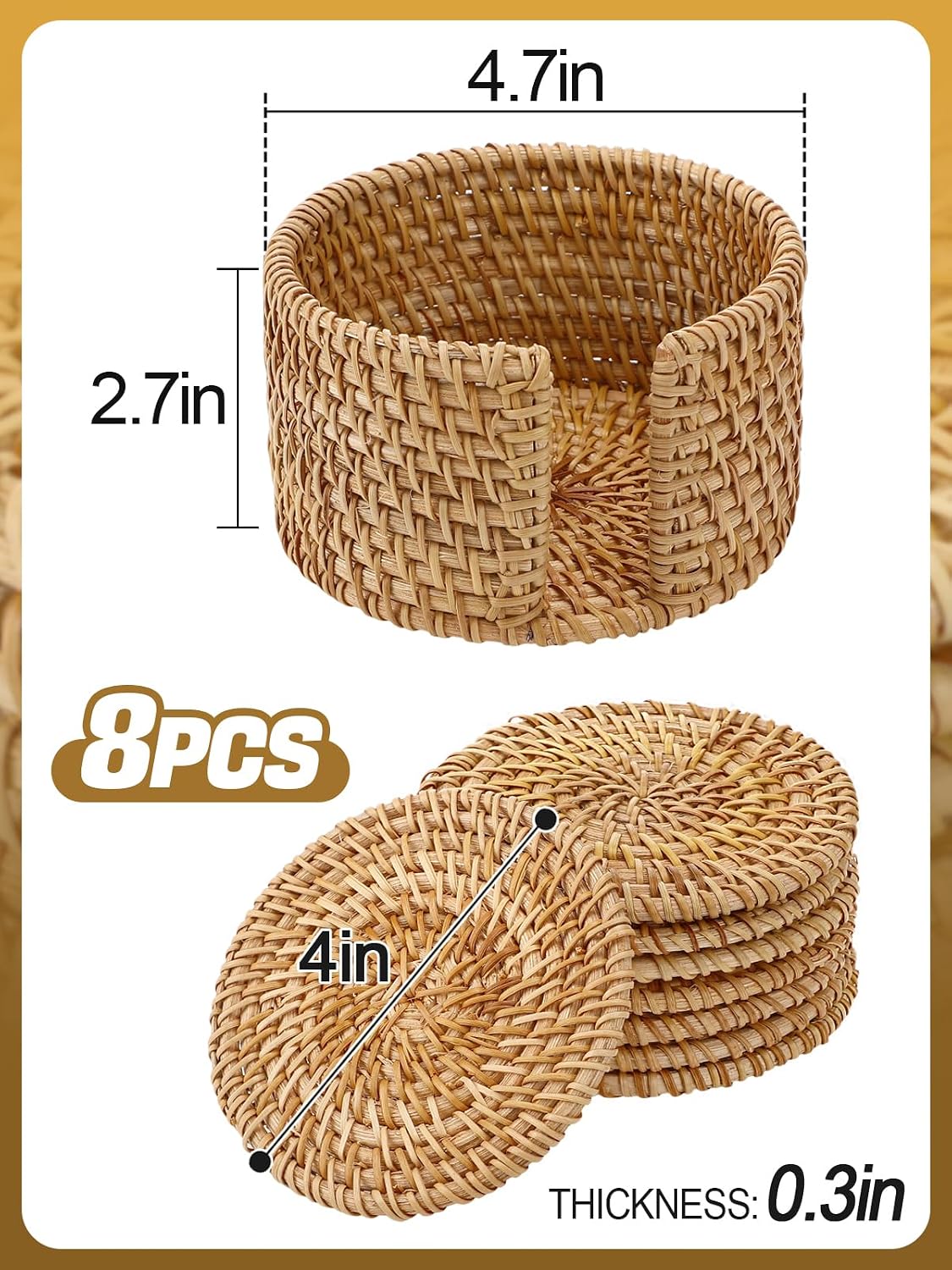 Holder / Wicker Drink Coasters Set / Natural / Set of 8