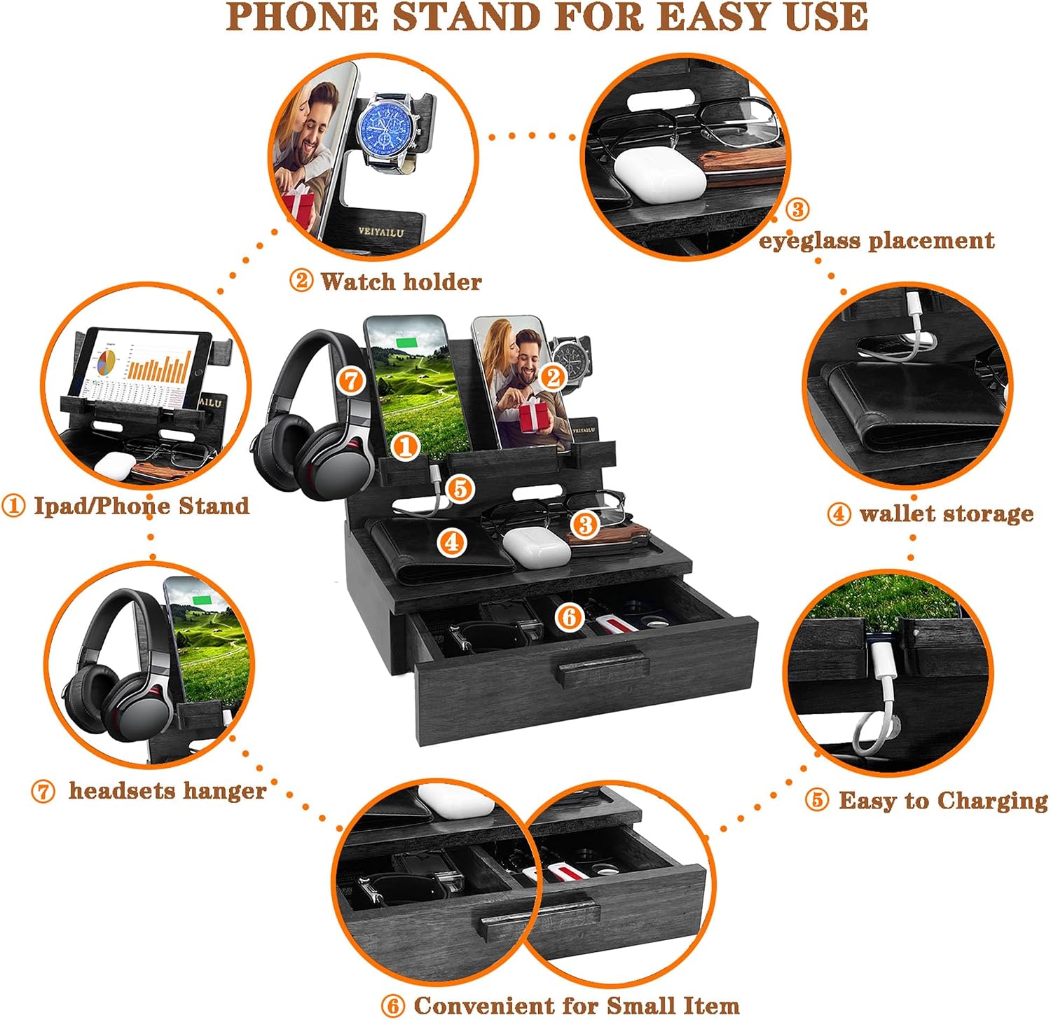 Gifts for Him Husband Boyfriend Son Men Nightstand Organizer Wood Phone Docking Station / Black
