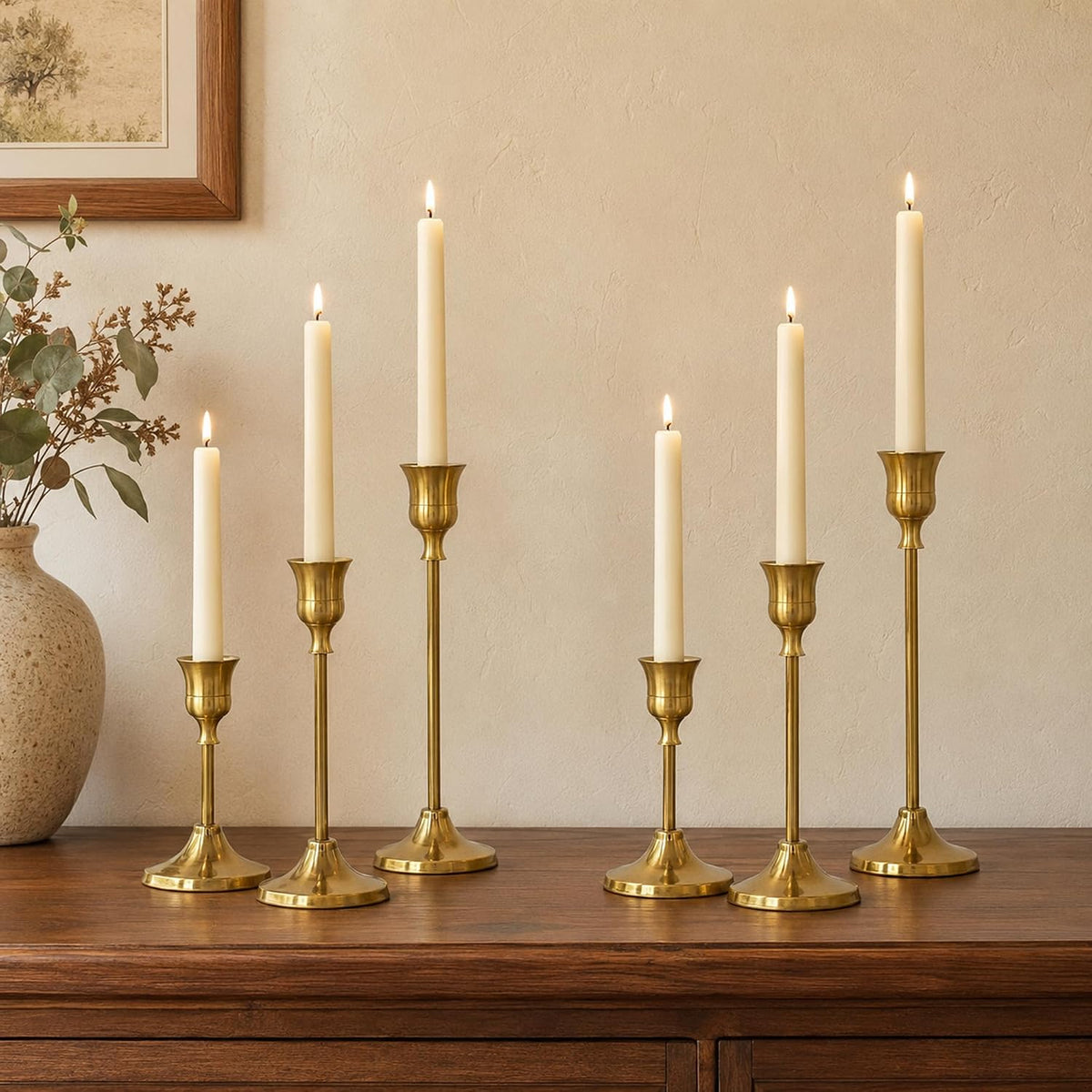 Brass Taper Candle Holders 4 Sets(12 Pcs) - Tall Metal Candlestick Holders for Table Centerpiece, Formal Dinner