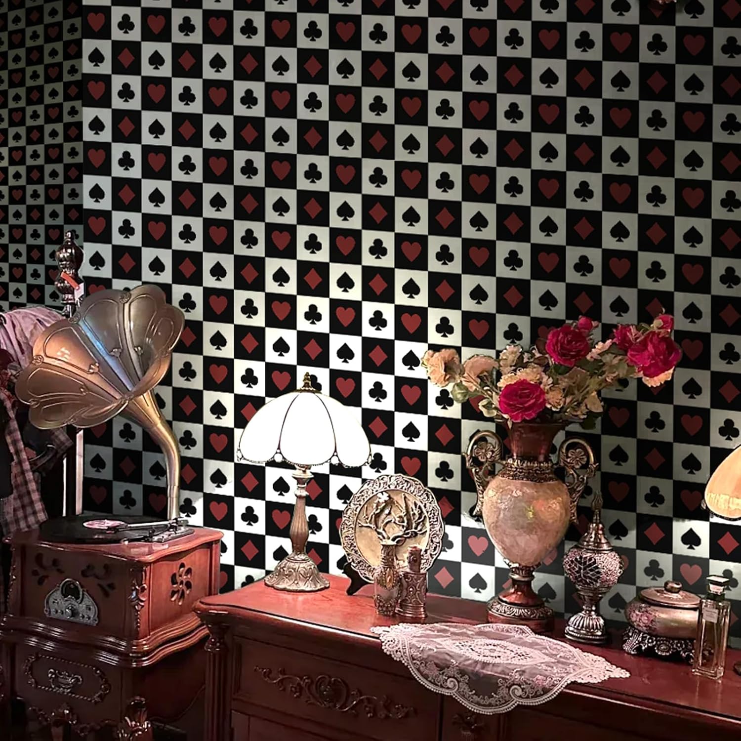 Wallpaper Peel and Stick Red "Gothic Contact Paper Self / Poker / Checkered / 17.3 x 120 / Black