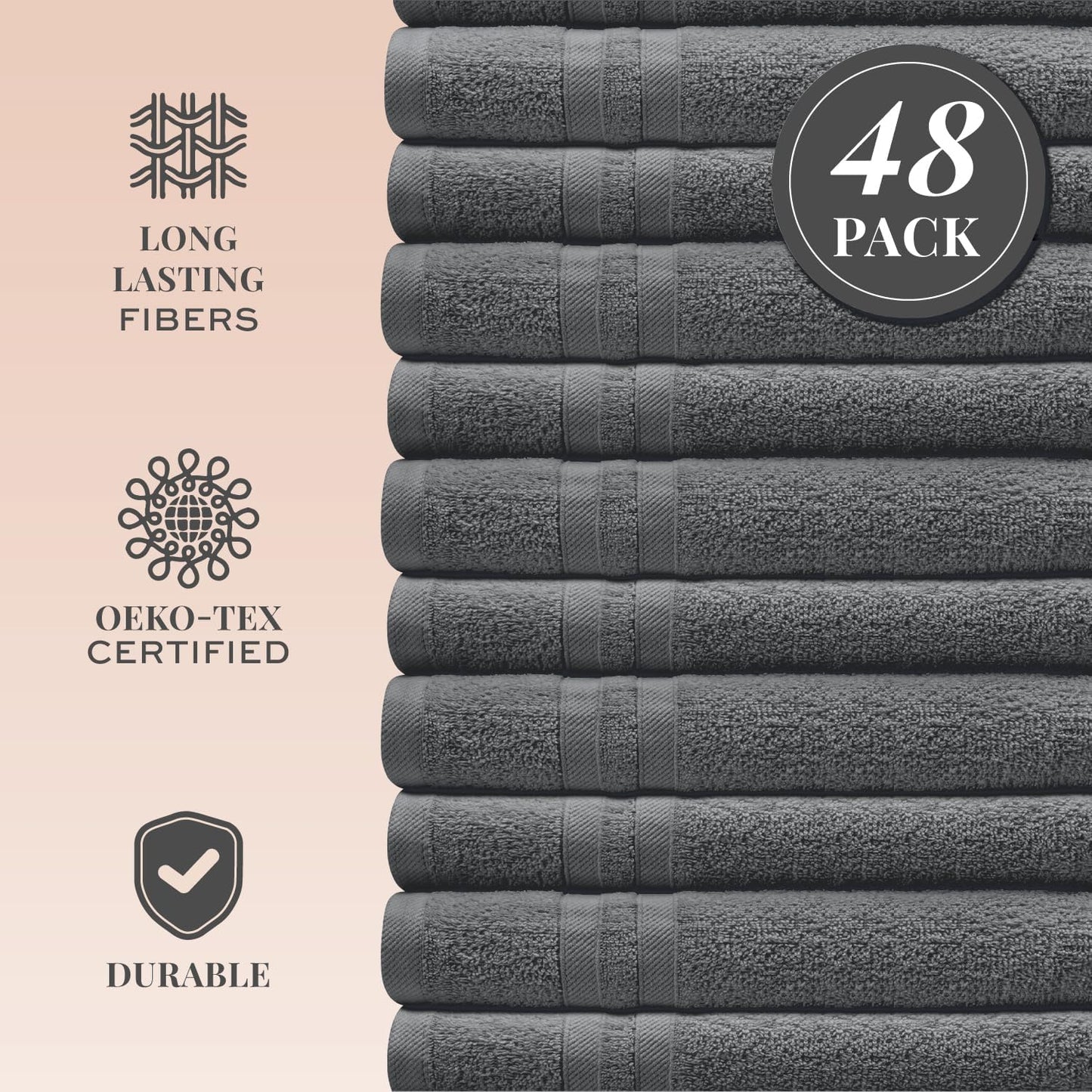 White Classic Wealuxe Dark Gray Washcloths 48 Pack - 600 GSM 100% Ring-Spun Cotton Wash Cloths for Showering, Highly