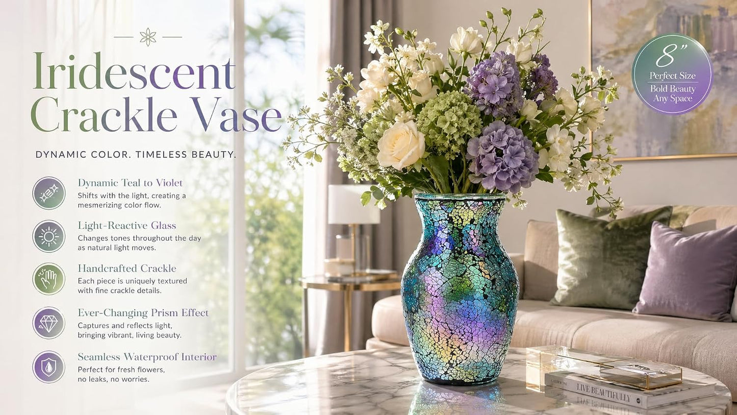 8" Iridescent Crackle Glass Vase / Iridescent Green