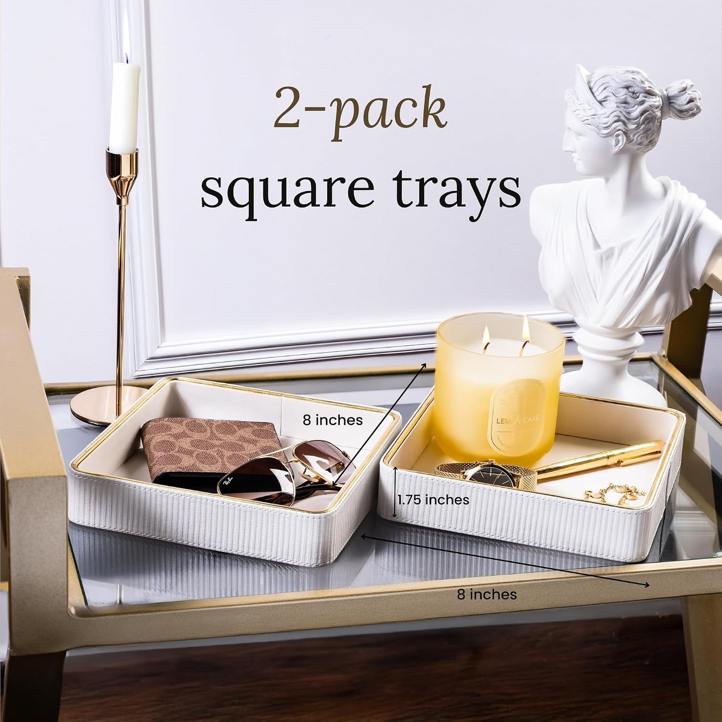 Bedside Tray / Leather Catchall Tray / White / 8 x 8 x 1.8 / Set of 2