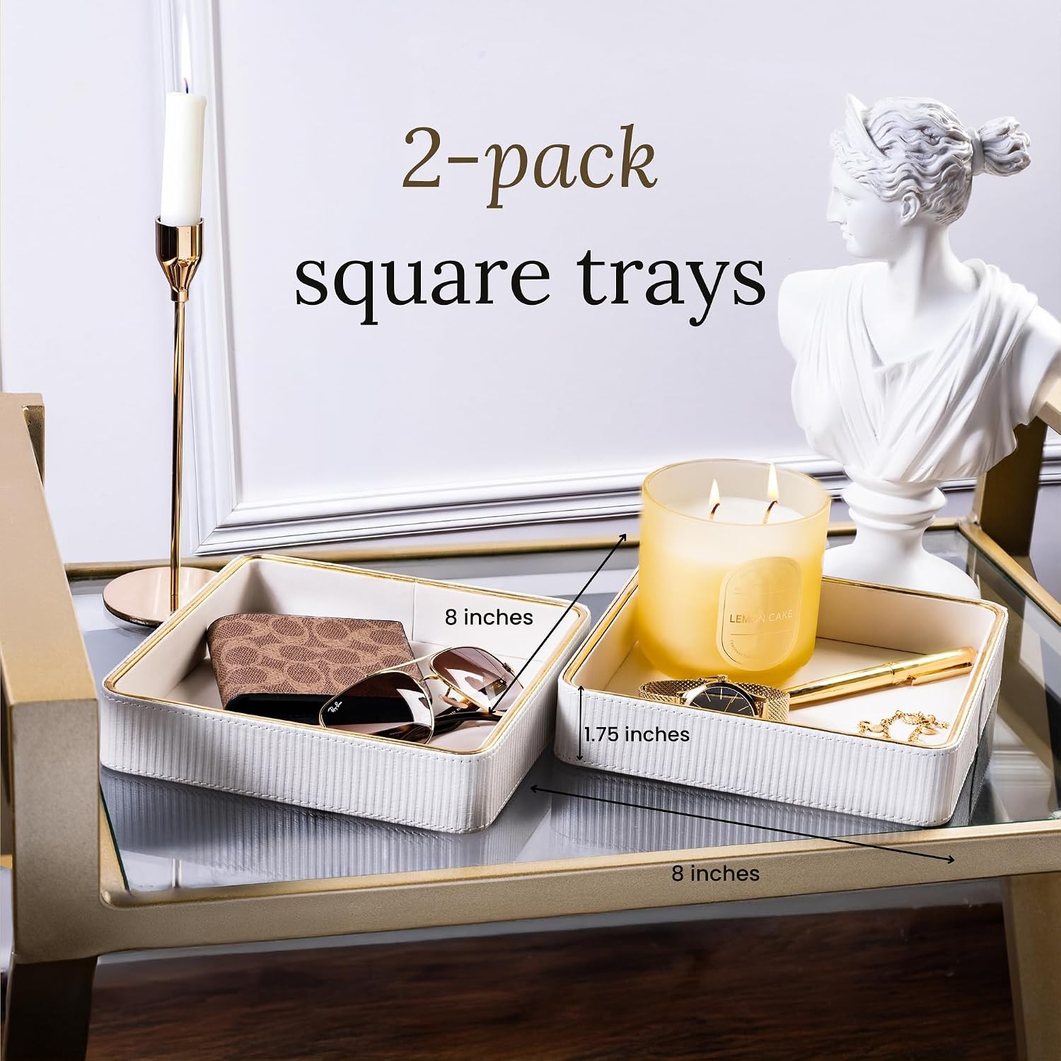 Bedside Tray / Leather Catchall Tray / White / 8 x 8 x 1.8 / Set of 2