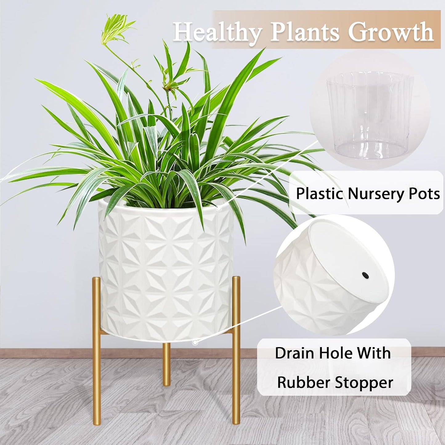 ARNIS Plant Pots with Stand, Set of 2 Indoor Planter Pots, Large Metal Planters with Stand, Mid Century Decorative